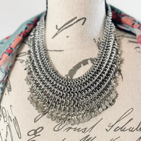 Silver Tone Chainmail Rhinestone Bib Necklace Cleopatra Whimsigoth Renn Faire
