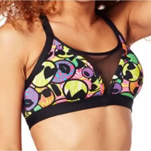 Zumba Women’s Zmoji Mesh Insert Sports Bra Colorful Workout Aerobics Small Black