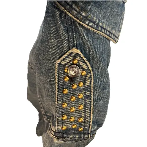 Vintage 80s Cropped Denim Jacket Studded Rhinestone Buttons USA Made Opal Size S Blue