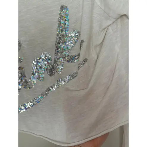 PINK - Victoria's Secret Victoria’s Secret PINK Scoop White Silver Sequin Long Sleeve Sheer Tee Size M