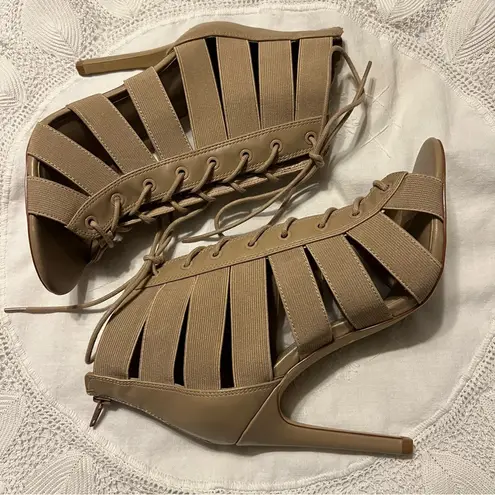 mix no. 6  Anunia Strappy Stiletto Lace Up Heels Shoes Women’s Size 8 Beige Tan