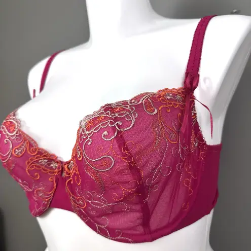 Cacique Bra Size 40D Unlined Sheer Mesh Dark Pink Bows Embroidery Underwire