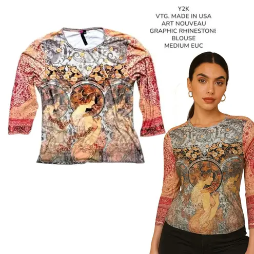 Y2K VTG. MADE IN USA ART NOUVEAU ALL OVER PRINT NU CONSTRUCTION TOP MEDIUM EUC Orange