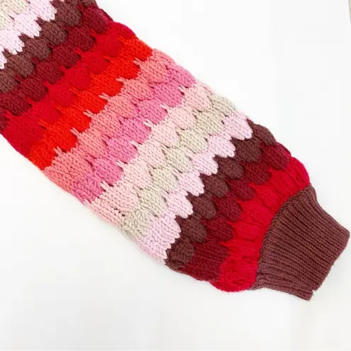 THML Textured Chunky Knit Striped Puffy Crewneck Sweater Red Pink