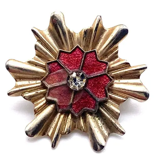 Vintage enamel starburst brooch pin Red