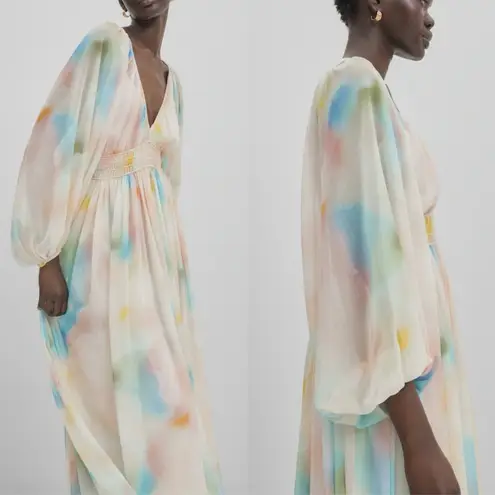 Massimo Dutti Studio Balloon Sleeve V-Neck Watercolor Maxi Dress Size XS NWT