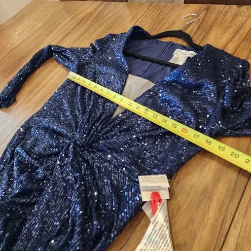 Mac Duggal 26552 v neck long sleeve SEQUINED KNOTTED WAIST MIDNIGHT NAVY GOWN 14