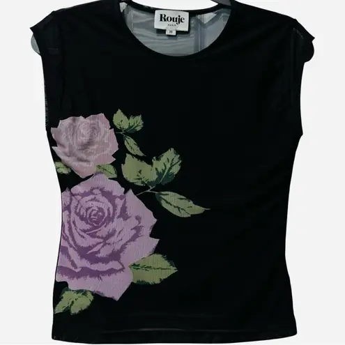 Rare Rouje Paris Ahmet Black Floral Mesh Top Lavender Rose Print Size 38 (US 6) Purple