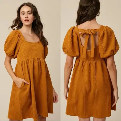 Bohme Cable Knit Square Neck Puff Sleeve Babydoll Open Back Mini Dres Boho XL