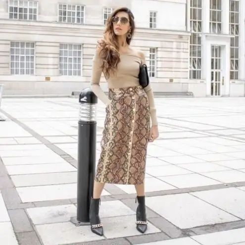 ZARA NWT  High Waist Snakeskin Print Skirt Orange Brown Midi Size S Office Baddie