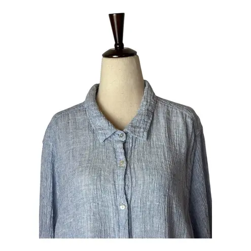Tahari Shirt Women 3X Blue Linen Long Sleeve Button Down Tunic Top Preppy Plus