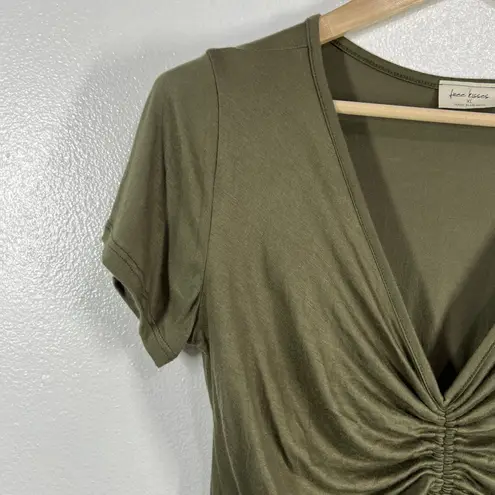 Free Kisses Olive Green Drawstring Ruched V- Neck Short Sleeve T Shirt Top XL