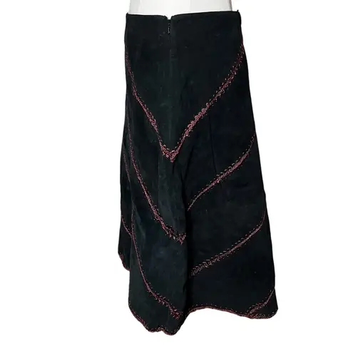 Karen Kane Vintage 100% Leather Suede Skirt Sz 12 Black Embroidered Boho Y2K
