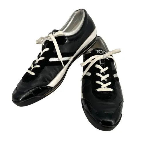 Tod's Driving Sneakers Black White Metallic Leather Lace-Up Size 38/8