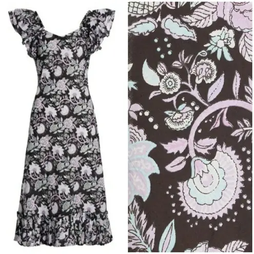 💕MILLE💕 Klara Cotton Ruffle Midi Sundress ~ Tropical Night Medium M NWOT Black