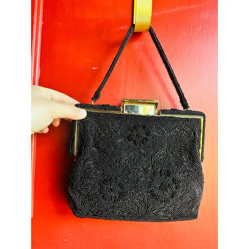 Vintage 70s/80s Black Beaded Embroidered Clutch Closure Beaded Handled Handbag
