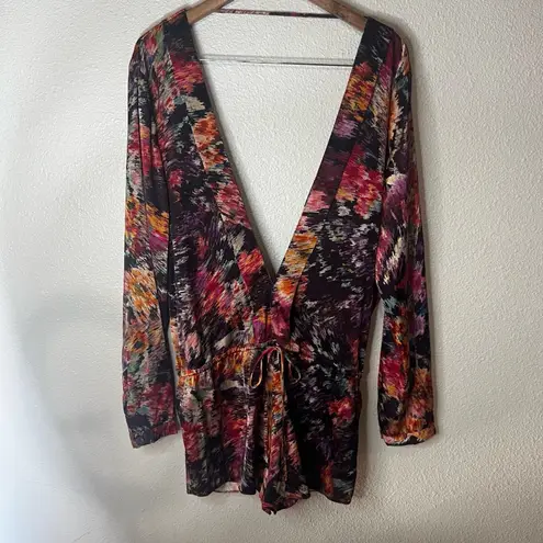 Naked Princess Lila Silk Romper Womens Large Abstract Floral Drawstring Black