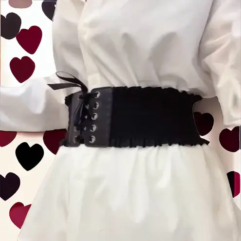 Elegant Lace Up Wide Belt Black Ruffles Bowknot Elastic Waistband Faux Leather