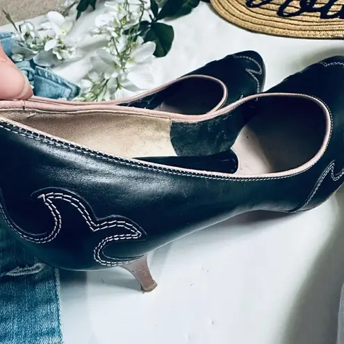 Vintage Romanelli Made in Italy black/pink leather scalloped detail pinup heels Black Size 10