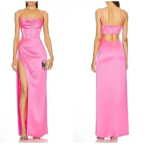 Retrofete Rosa Corset Drape Open Back Satin Maxi Slip Gown Dress Hot Pink Large