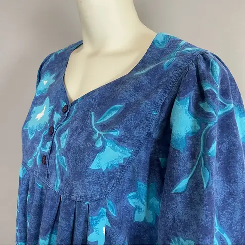 Vintage Muumuu Dress Blue Floral Relaxed Fit Pockets Buttons Gathered Shoulders Size L