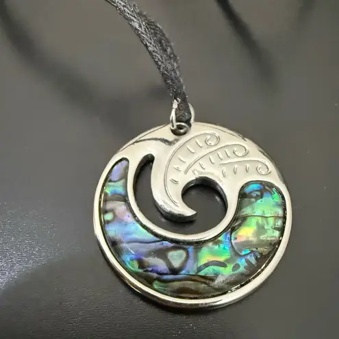 Abalone Shell Wave Silver Pendant Adjustable Cord Necklace 11g. Blue