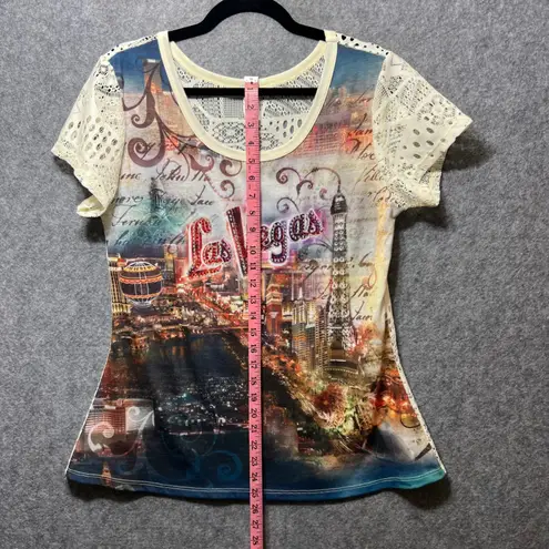 One Fashion Las Vegas Rhinestone Lace Back Graphic Top S/M Y2K Glam Tee Size undefined