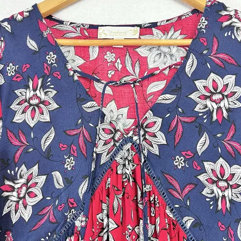 Suzanne Betro Weekend Tunic Blouse Womens Sz 1X Blue Floral Crochet Peasant Boho