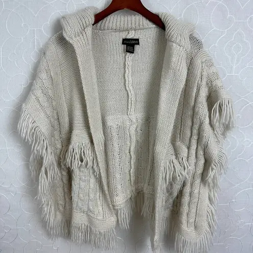 Madden NYC Womens Ruana Sweater OS Cream Open Front Fringe Cable Knit Poncho Size undefined