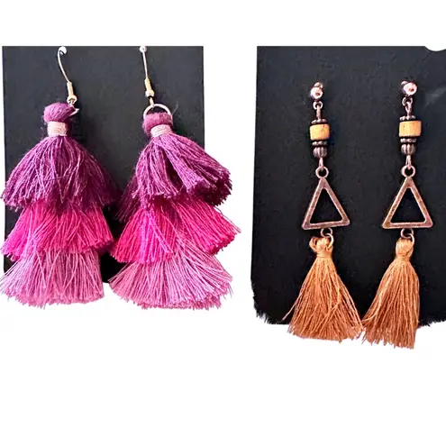 Tiered Tassel Drop Boho Earrings Ombre Pink Purple Brown Triangles Set 2 Pair