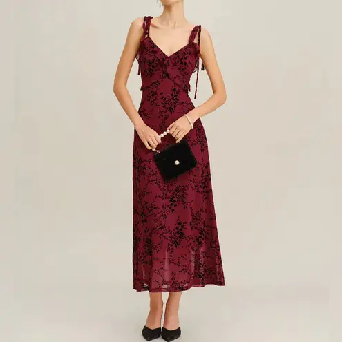 Rihoas Red Floral Ruffle Slip Midi Dress Size L