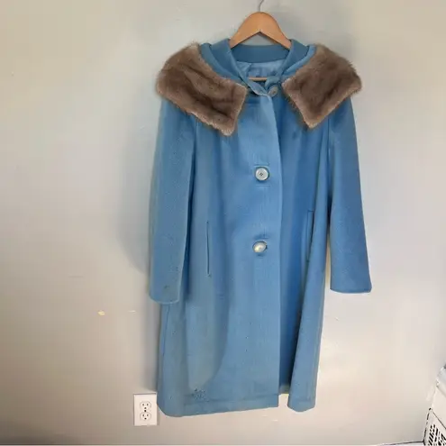 Vintage Crestmoor Wool Norwegian Fox Fur Collar Pea Coat 50s 60's Blue Size M