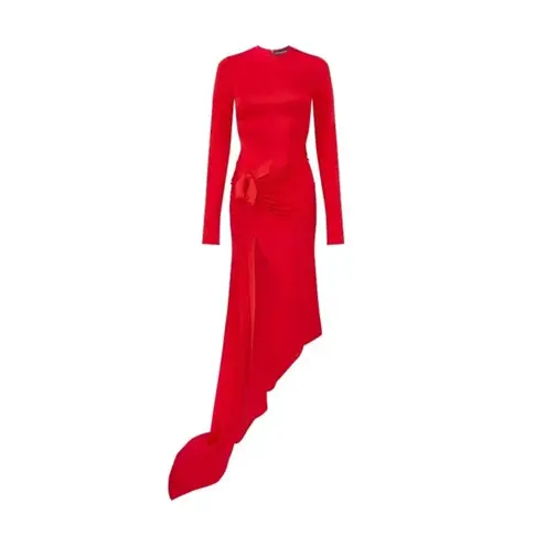 David Koma Satin Bow Detail Asymmetric Long Dress in Red 6 UK 10 New Womens Gown