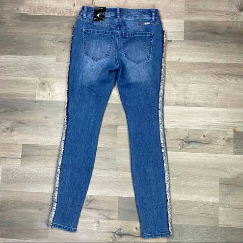 INC International Concepts Skinny Jeans Tweed Fringe Side Mid Rise Size 0 NWT Blue