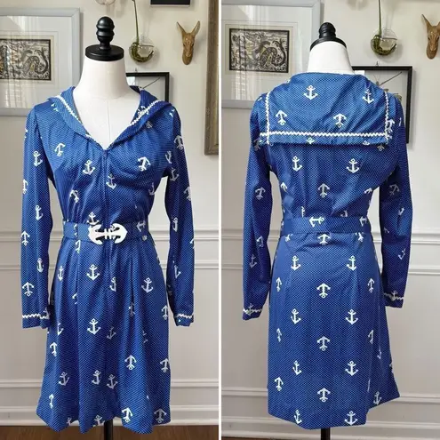 Vintage 70s House of She Ltd Zip Front Anchor Sailor Dress M Blue Size M