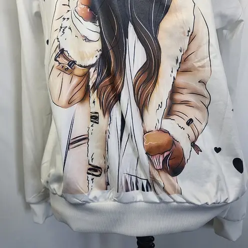 Boutique White Satiny Hoodie Shirt Girl Drinking Coffee