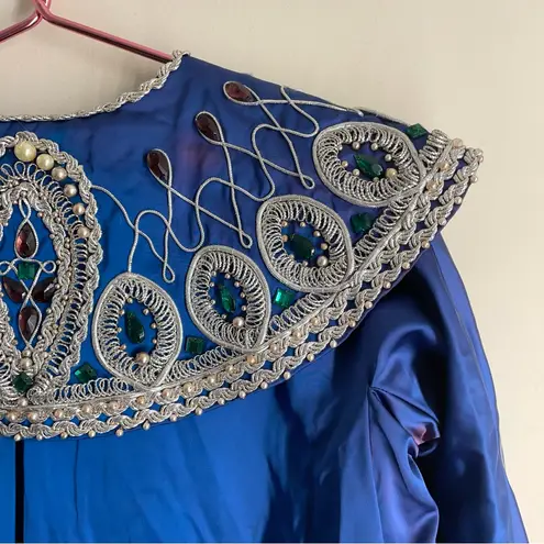 Vintage Handmade Blue Cloak Coat FIT Design School Beaded & Embroidered Satin Size M