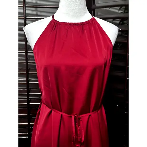 INC  Women's Red Satin Crape Halter Belted Midi Dress Side Slit 4 NWT