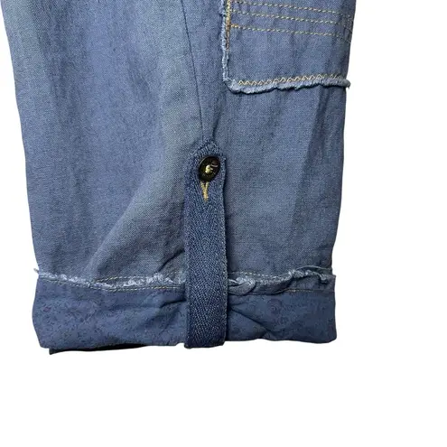 Freddy B 33 100% Linen Safari Capri Pants L Blue Utility Y2K Boho Button Fly Size L