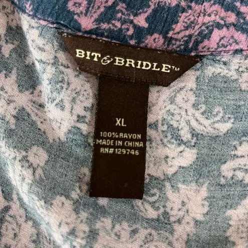 Bit & Bridle Blue and Pink Split Neck Button Down Tiered Rayon Blouse Size XL