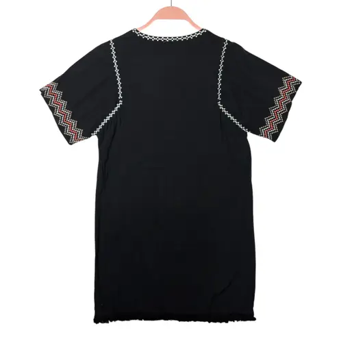 LILLA P Gauze Embroidered Dress Black Tassel Fringe Short Sleeve sz S Boho