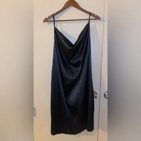 Black stretch satin, deep cowl neck slip dress with adjustable straps