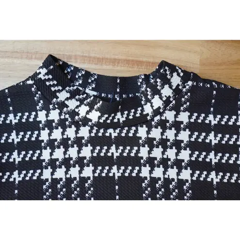 Houndstooth  Mock Turtleneck Knit Jumper Top 3/4 Sleeves Black White Size XS