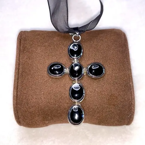 Chunky Black Onyx Sterling Silver Cross Pendant on Ribbon Necklace