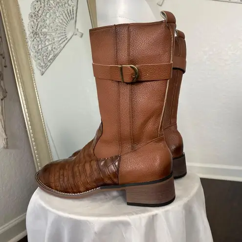 Boho Western Cowgirl Brown Croc Snake Faux Leather Buckle Boots EU 42 US 11.5