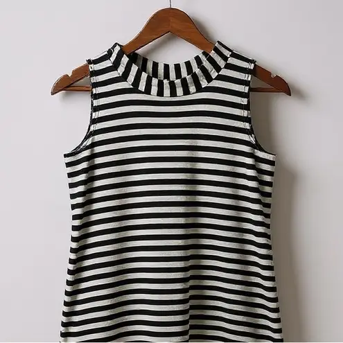 Marimekko Mock Neck Dress Black White Tasaraita Stripe Cotton Sleeveless Small