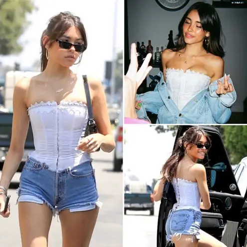 Frederick's of Hollywood Vtg Corset Top Bustier Red Lace Brocade M Medium 36