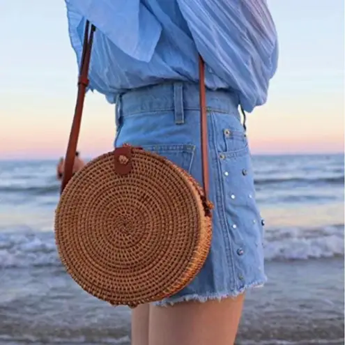 Beautiful Round Tan Rattan Crossbody Bag