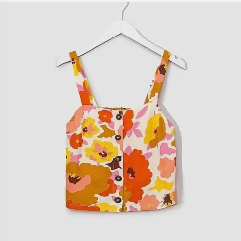 Lush Clothing LUSH Poppy Ivory Pink Orange Floral Cropped Linen Button Front Tank Top Sz Small