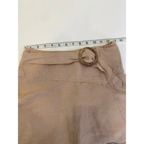 Free People  Higher Ground Flared Tan Linen Mini Skirt EUC Sz 2 Belted Side Zip